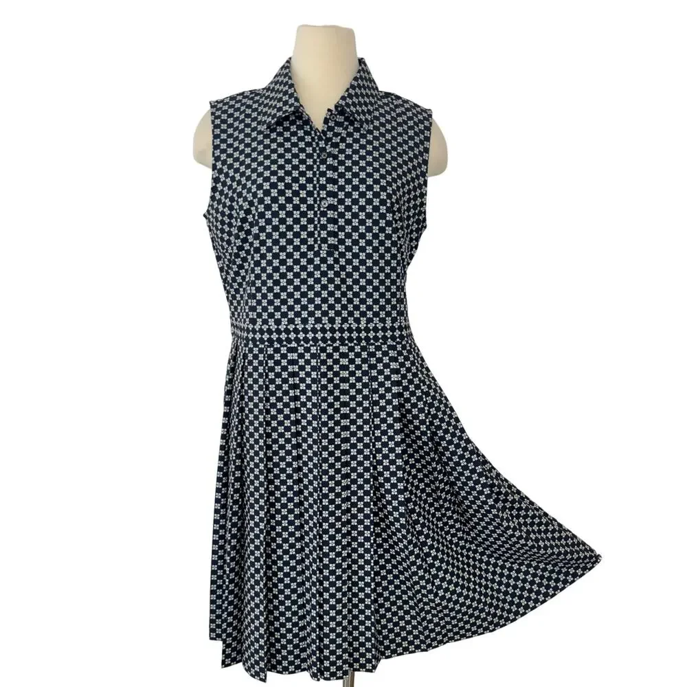 Tory Burch Performance Pleated Golf Dress Sleeveless Navy White Print XL NWOT